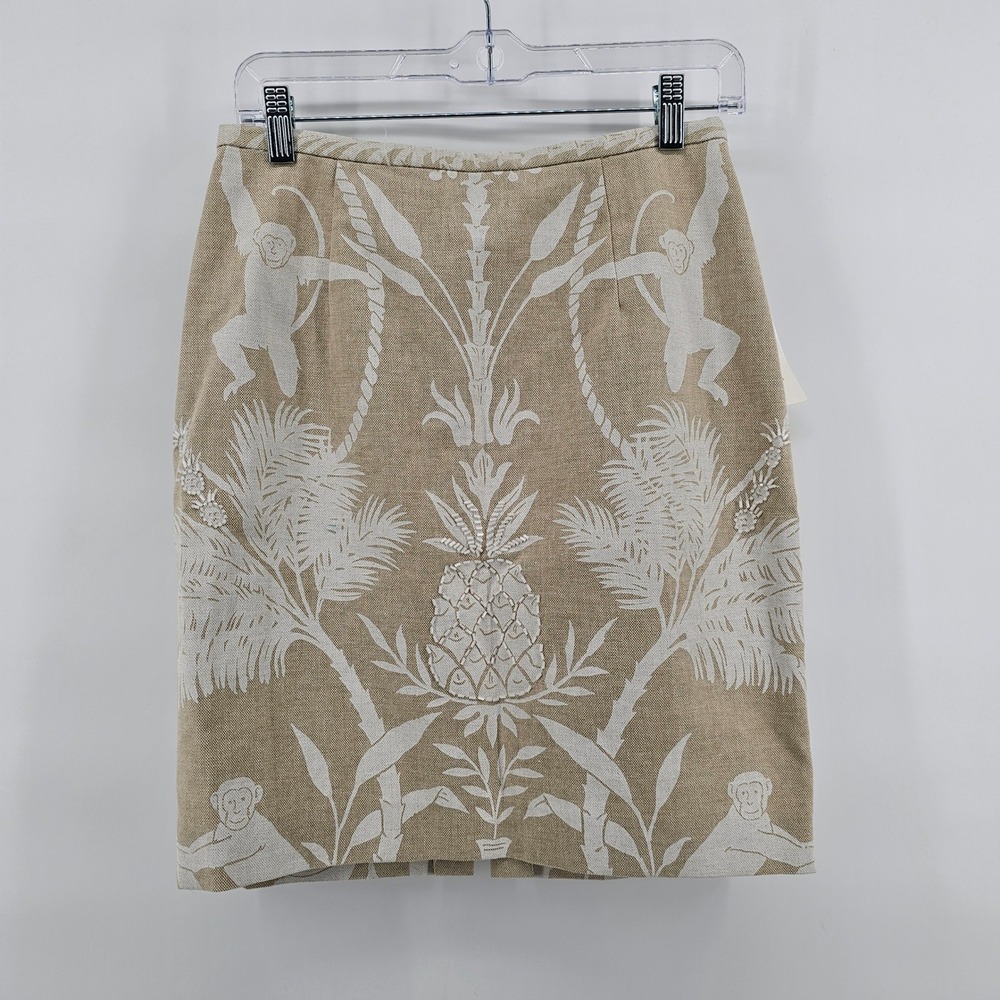 Maggy London Pencil Skirt Womens Size 6 Tan Tropical Monkey Pineapple Beaded NWT